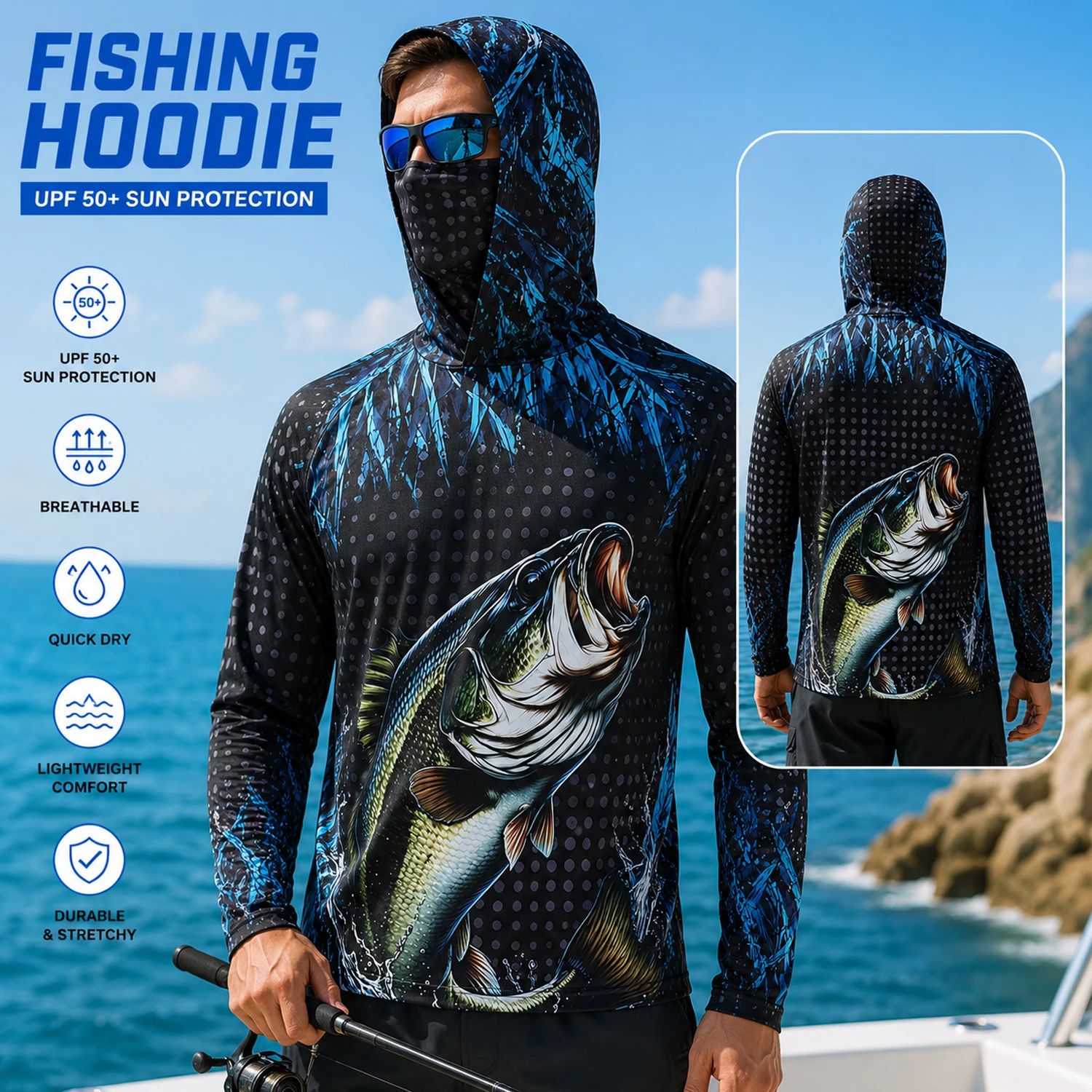 Men UPF50+ Fishing Hoodie with - огляд і ціна Fishing Mask Sun Protection